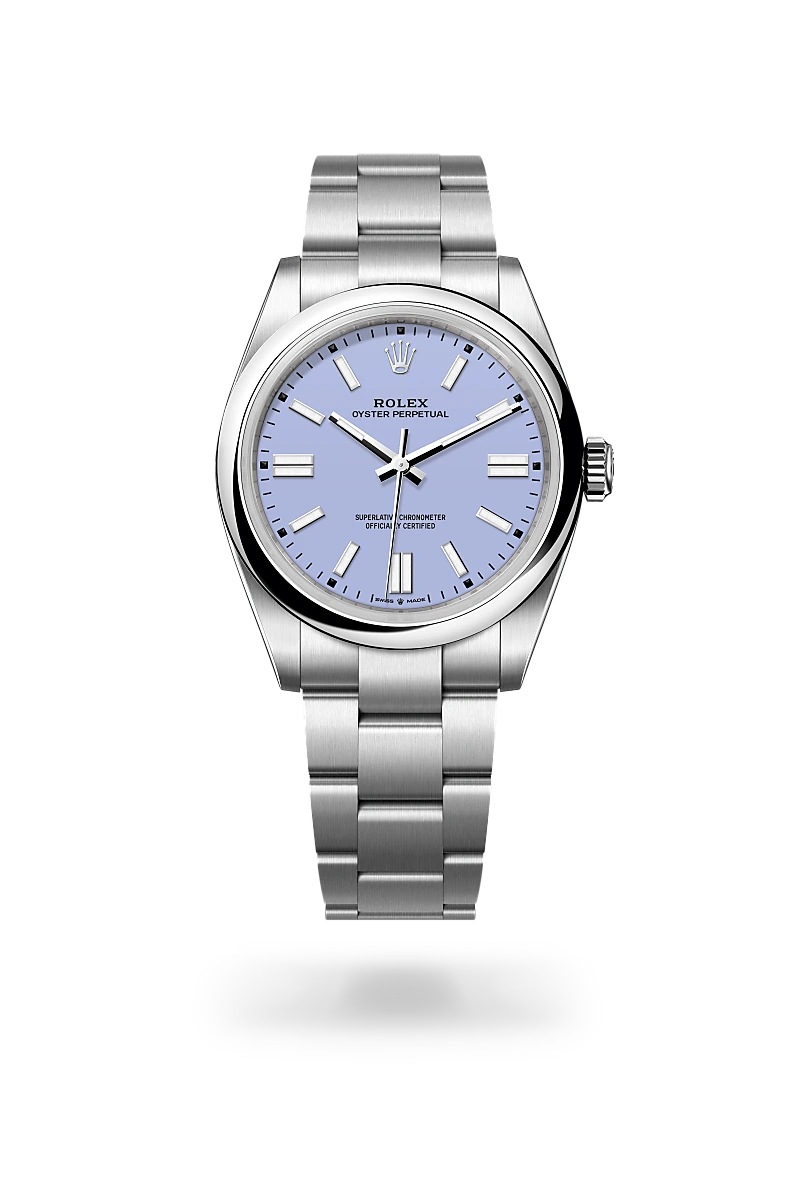 Rolex Oyster Perpetual 41 in 蠔式鋼 with 薰衣草紫色 dial, 圓拱形 bezel, and 蠔式（Oyster），三格實心鏈節 bracelet