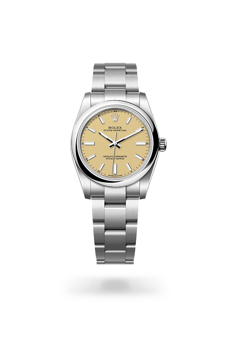 Rolex Oyster Perpetual 34 in Oystersteel with Beige dial, Domed bezel, and Oyster, three-piece solid links bracelet
