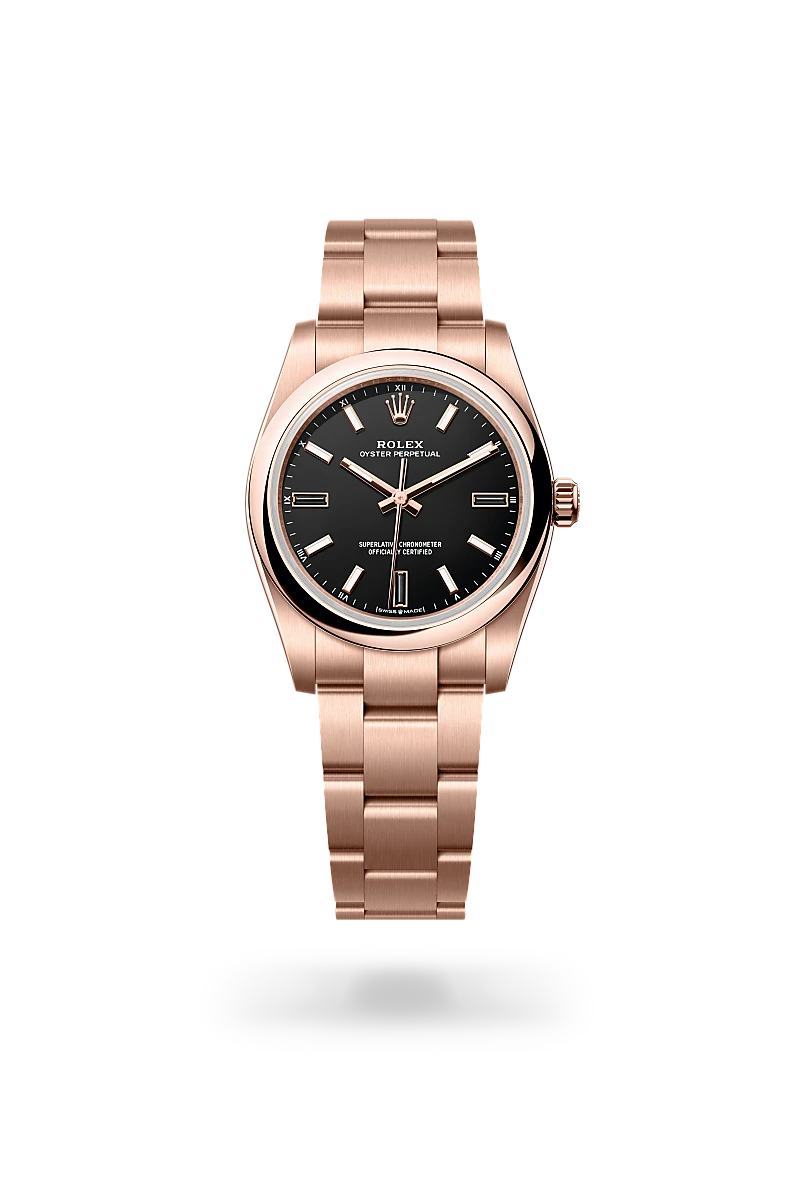 Rolex Oyster Perpetual 34 in 18 ct Everose gold with Black dial, Domed bezel, and Oyster, three-piece solid links bracelet