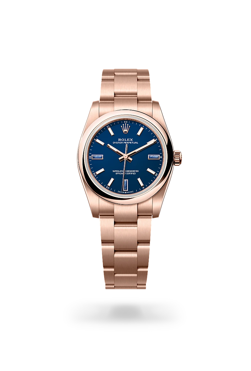 Rolex Oyster Perpetual 34 in 18 ct Everose gold with Blue stone dial, Domed bezel, and Oyster, three-piece solid links bracelet