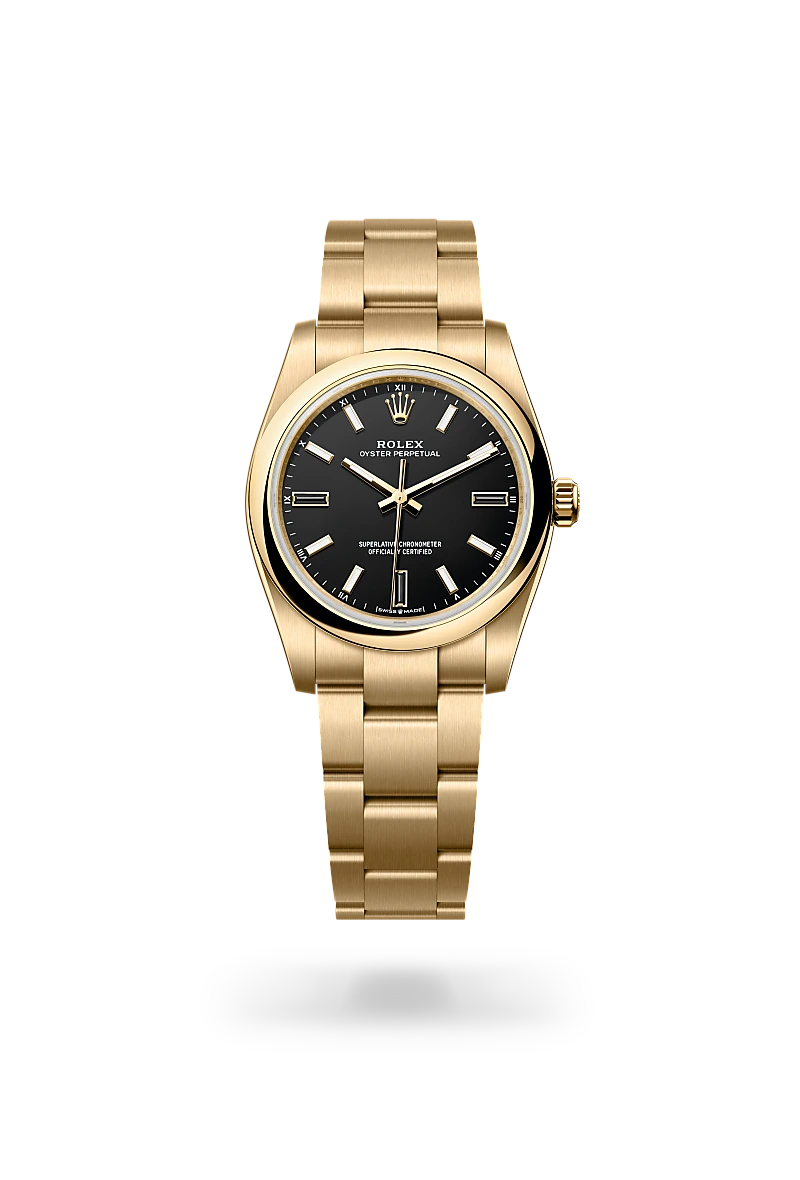 Rolex Oyster Perpetual 34 in 18 ct yellow gold with Black dial, Domed bezel, and Oyster, three-piece solid links bracelet