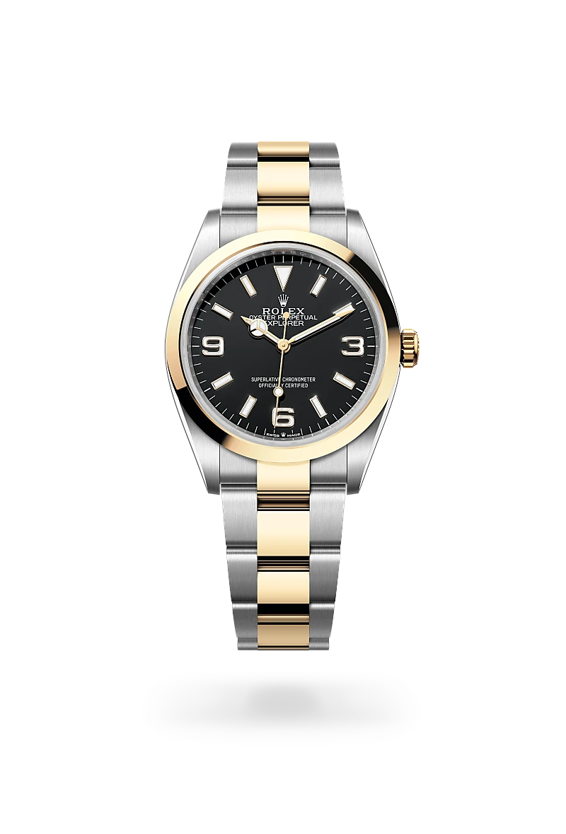 Rolex Explorer 36 in 黃金鋼（蠔式鋼與黃金的組合） with 黑色 dial, 磨光 bezel, and 蠔式（Oyster），三格實心鏈節 bracelet