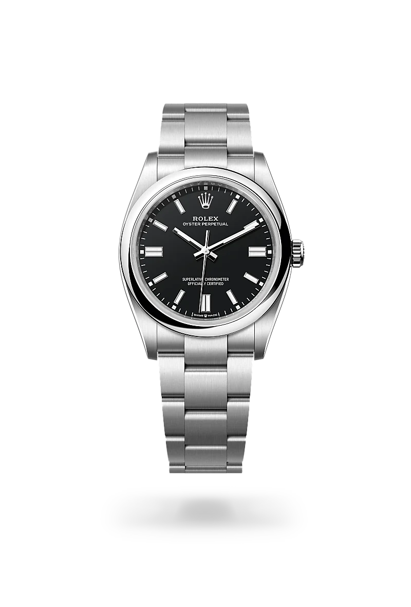 Rolex Oyster Perpetual 36 in Oystersteel with Black dial, Domed bezel, and Oyster, three-piece solid links bracelet