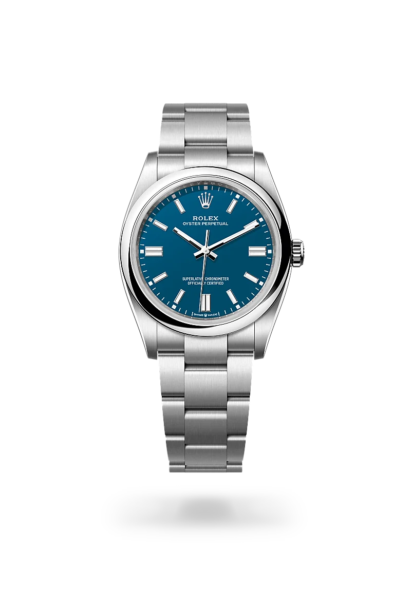 Rolex Oyster Perpetual 36 in Oystersteel with Med blue dial, Domed bezel, and Oyster, three-piece solid links bracelet
