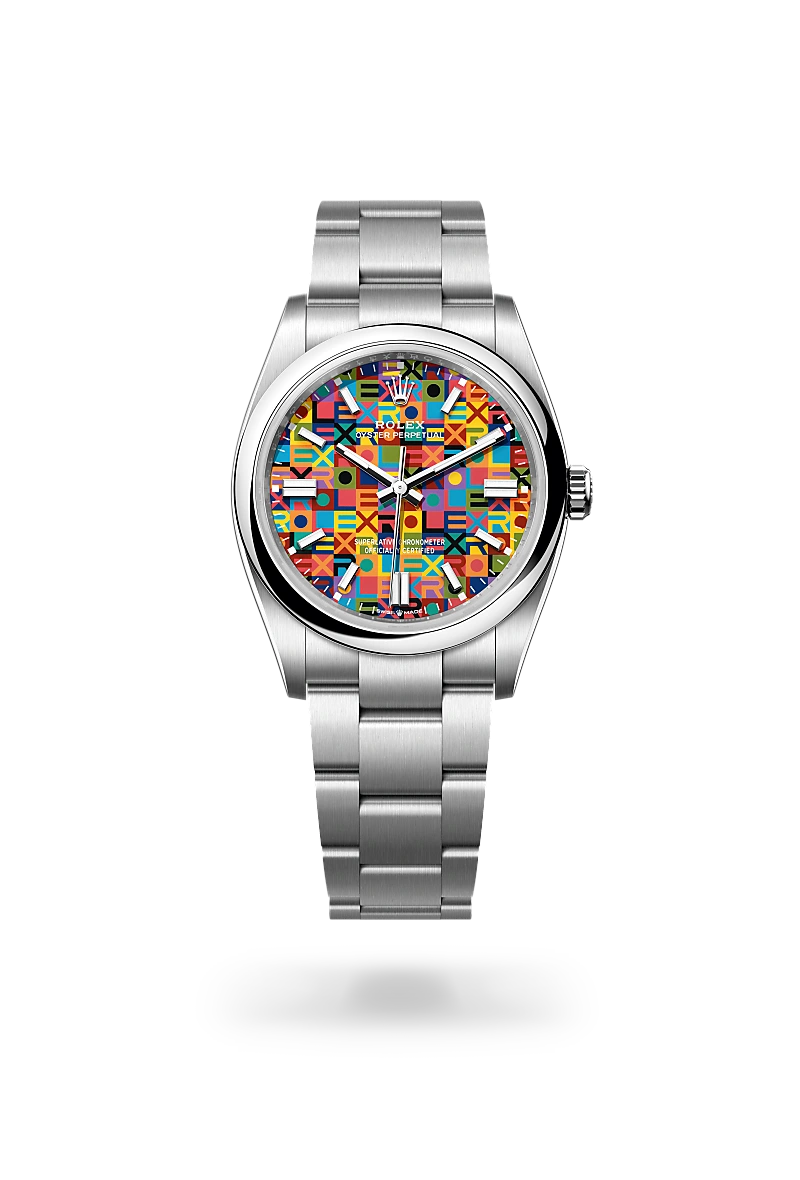 Rolex Oyster Perpetual 36 in Oystersteel with Multicoloured, Jubilee motif dial, Domed bezel, and Oyster, three-piece solid links bracelet