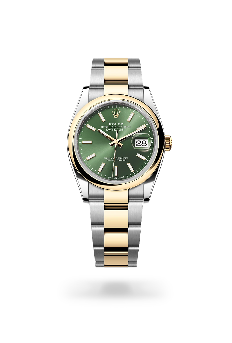 Rolex Datejust 36 in 黃金鋼（蠔式鋼與黃金的組合） with 橄欖綠色 dial, 圓拱形 bezel, and 蠔式（Oyster），三格實心鏈節 bracelet