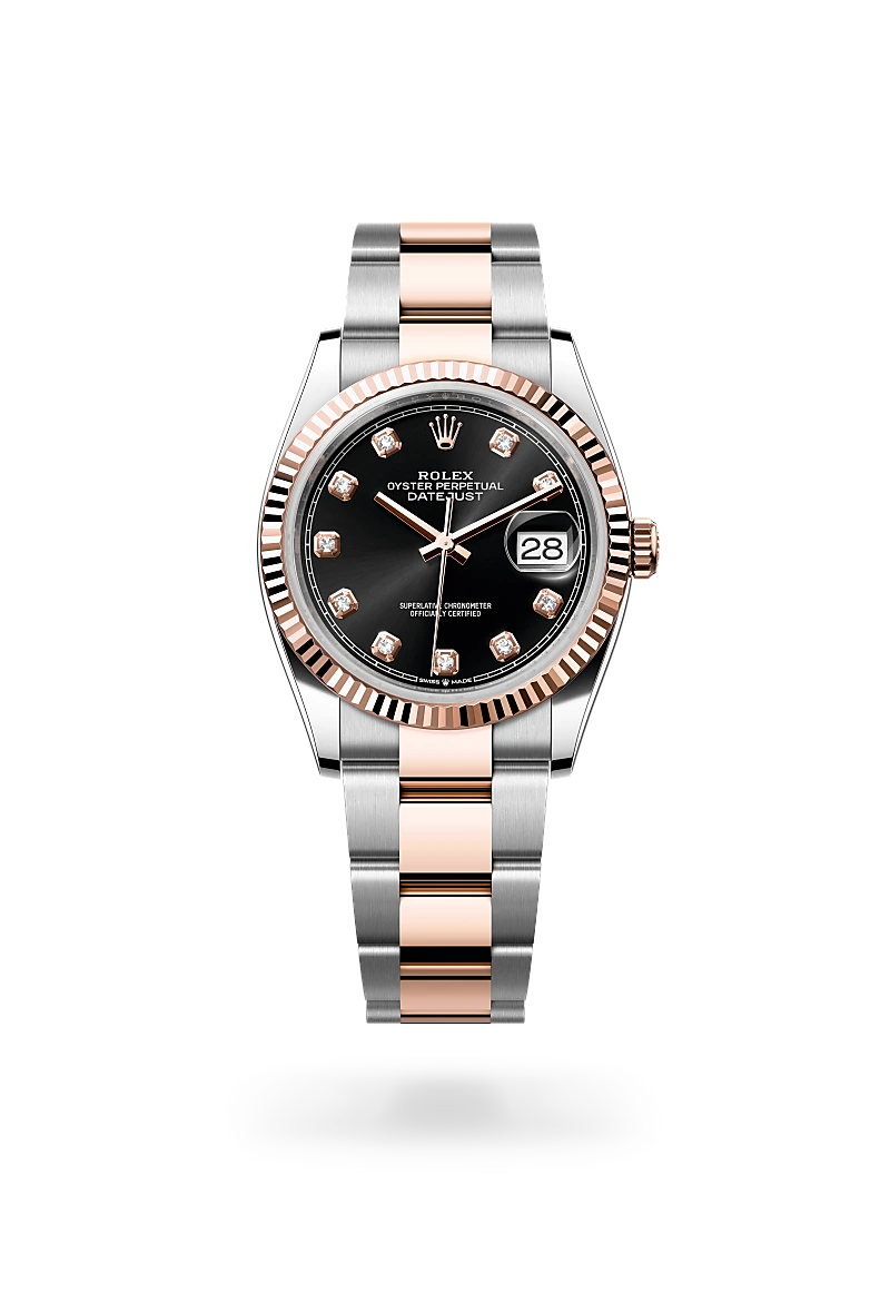Rolex Datejust 36 in 永恒玫瑰金鋼（蠔式鋼與永恒玫瑰金的組合） with 亮黑色，鑲鑽石 dial, 三角坑紋 bezel, and 蠔式（Oyster），三格實心鏈節 bracelet
