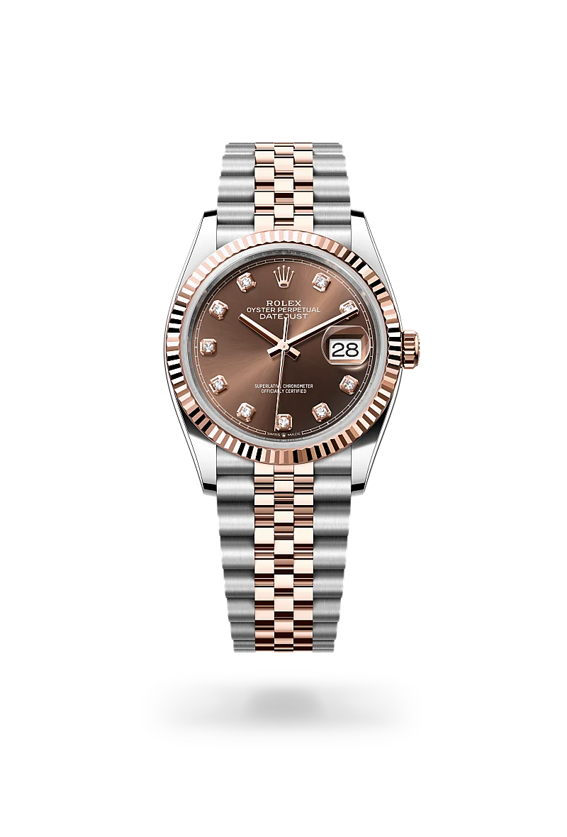 Rolex Datejust 36 in 永恒玫瑰金鋼（蠔式鋼與永恒玫瑰金的組合） with 巧克力色，鑲鑽石 dial, 三角坑紋 bezel, and 紀念型（Jubilee），五格鏈節 bracelet