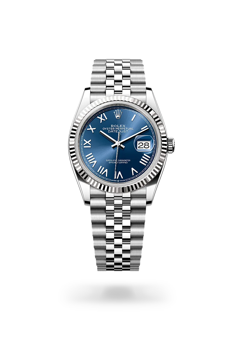 Rolex Datejust 36 in 白色黃金鋼（蠔式鋼與白色黃金的組合） with 亮藍色 dial, 三角坑紋 bezel, and 紀念型（Jubilee），五格鏈節 bracelet