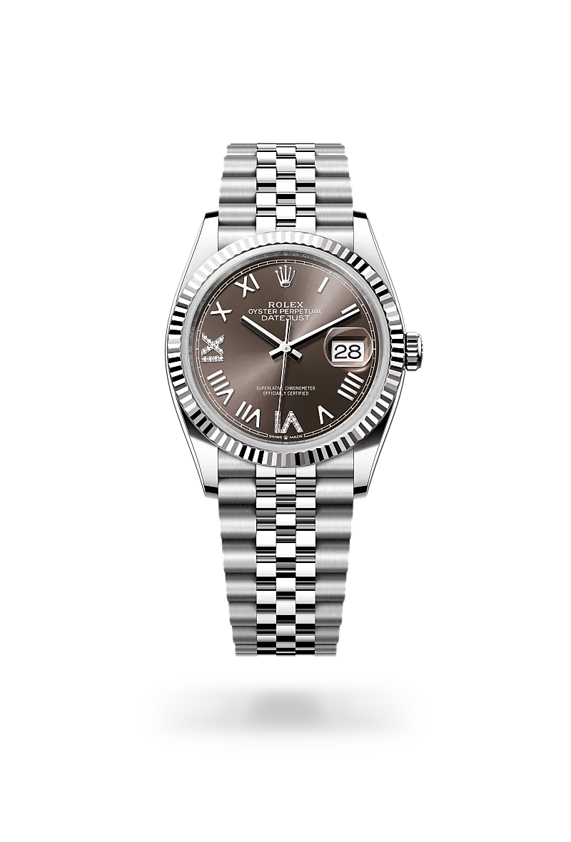 Rolex Datejust 36 in 白色黃金鋼（蠔式鋼與白色黃金的組合） with 深灰色，鑲鑽石 dial, 三角坑紋 bezel, and 紀念型（Jubilee），五格鏈節 bracelet