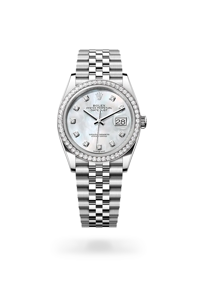 Rolex Datejust 36 in 白色黃金鋼（蠔式鋼與白色黃金的組合） with 白色珍珠母，鑲鑽石 dial, 鑲鑽石 bezel, and 紀念型（Jubilee），五格鏈節 bracelet