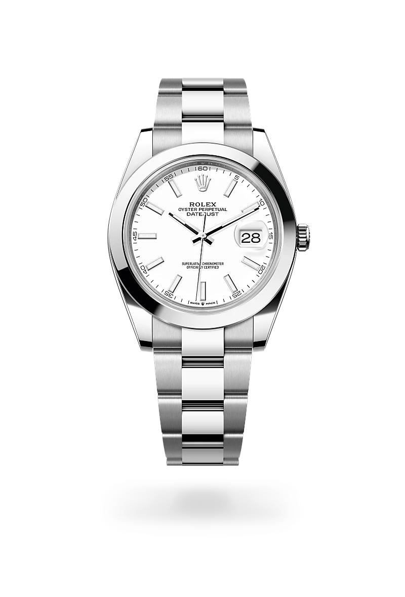 Rolex Datejust 41 in 蠔式鋼 with 白色 dial, 磨光 bezel, and 蠔式（Oyster），三格實心鏈節 bracelet