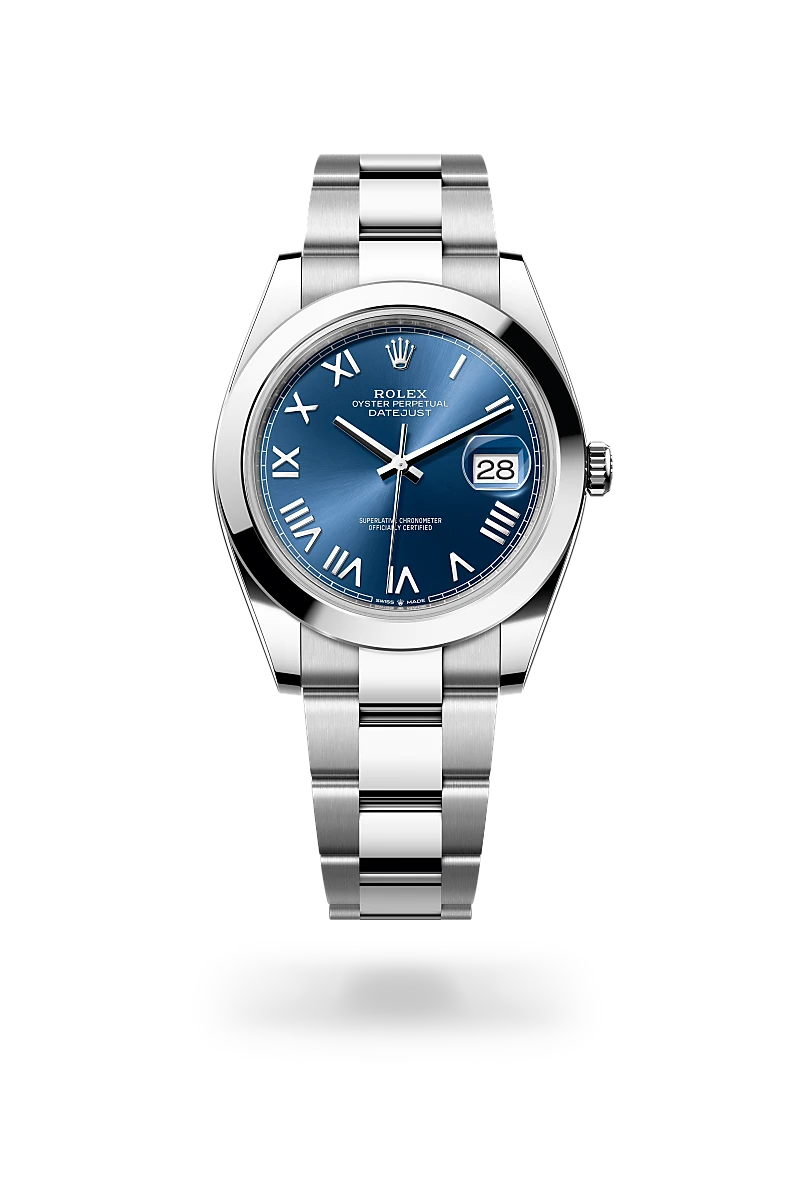 Rolex Datejust 41 in 蠔式鋼 with 亮藍色 dial, 磨光 bezel, and 蠔式（Oyster），三格實心鏈節 bracelet