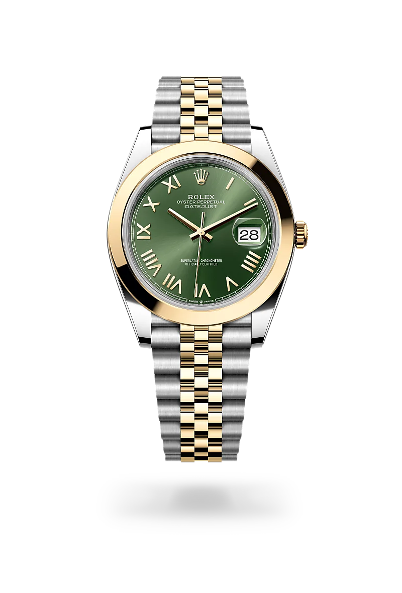 Rolex Datejust 41 in 黃金鋼（蠔式鋼與黃金的組合） with 橄欖綠色 dial, 磨光 bezel, and 紀念型（Jubilee），五格鏈節 bracelet