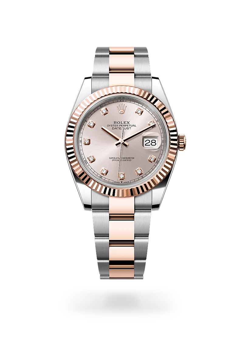 Rolex Datejust 41 in 永恒玫瑰金鋼（蠔式鋼與永恒玫瑰金的組合） with 日亮金色，鑲鑽石 dial, 三角坑紋 bezel, and 蠔式（Oyster），三格實心鏈節 bracelet