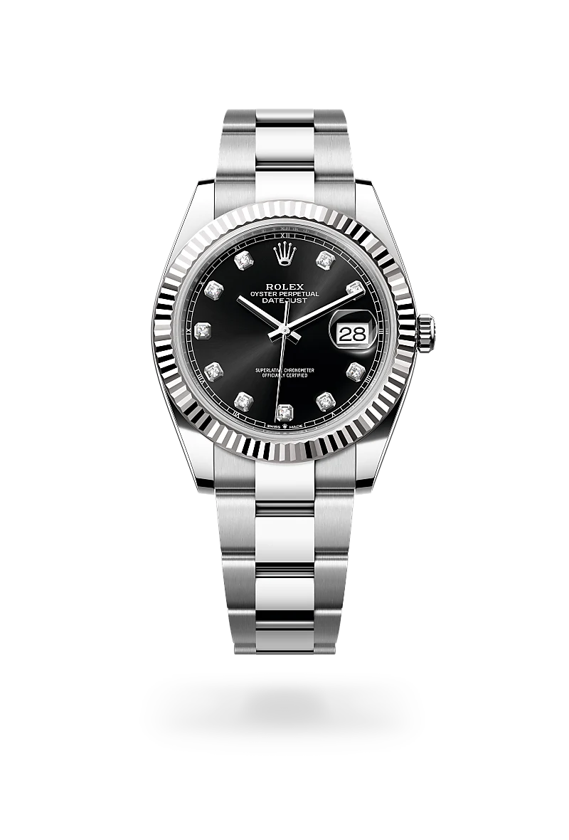 Rolex Datejust 41 in 白色黃金鋼（蠔式鋼與白色黃金的組合） with 亮黑色，鑲鑽石 dial, 三角坑紋 bezel, and 蠔式（Oyster），三格實心鏈節 bracelet