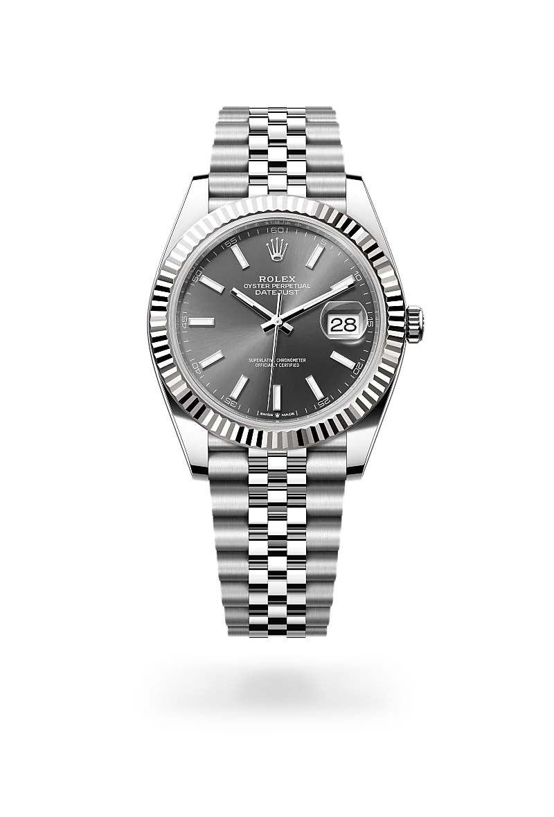 Rolex Datejust 41 in 白色黃金鋼（蠔式鋼與白色黃金的組合） with 石板灰色 dial, 三角坑紋 bezel, and 紀念型（Jubilee），五格鏈節 bracelet