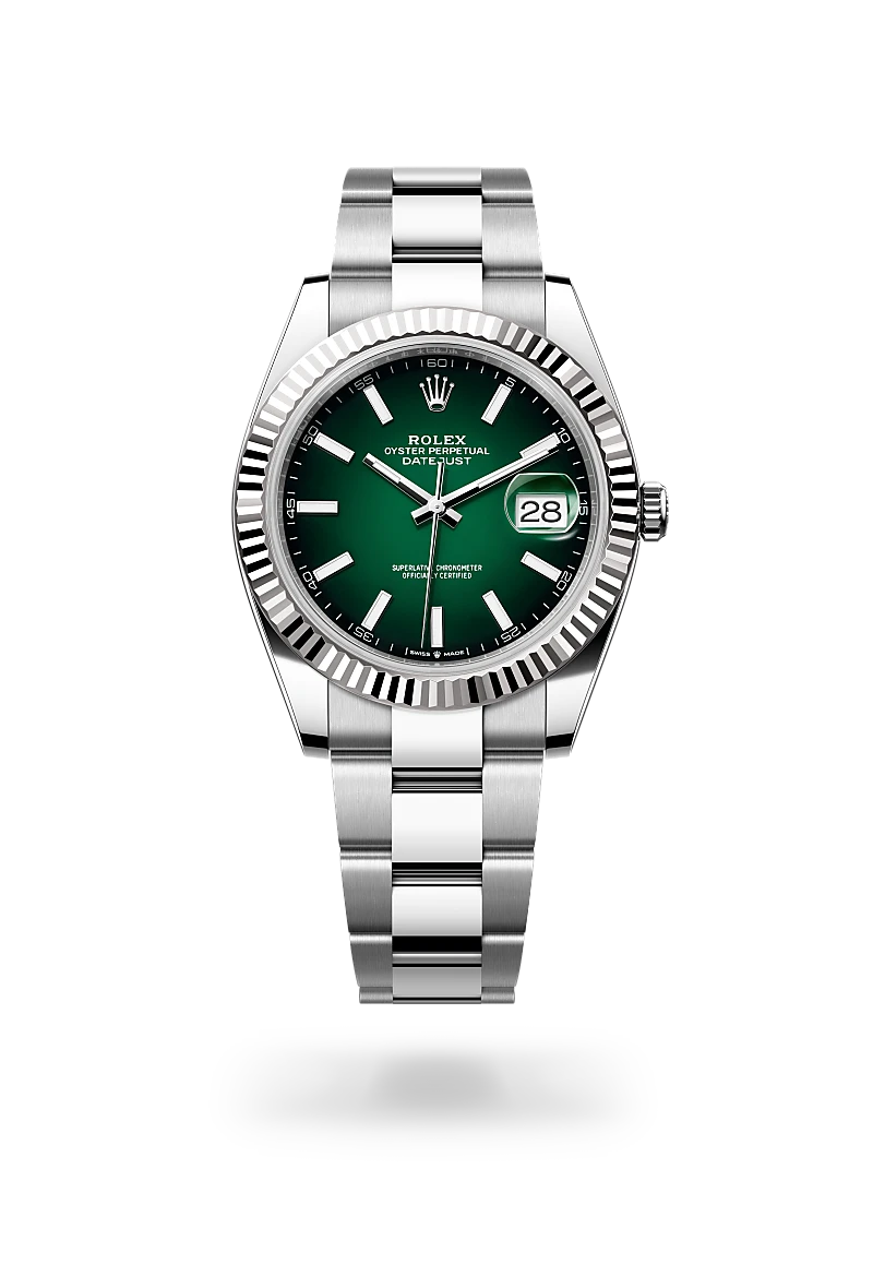 Rolex Datejust 41 in 白色黃金鋼（蠔式鋼與白色黃金的組合） with 漸變綠色 dial, 三角坑紋 bezel, and 蠔式（Oyster），三格實心鏈節 bracelet