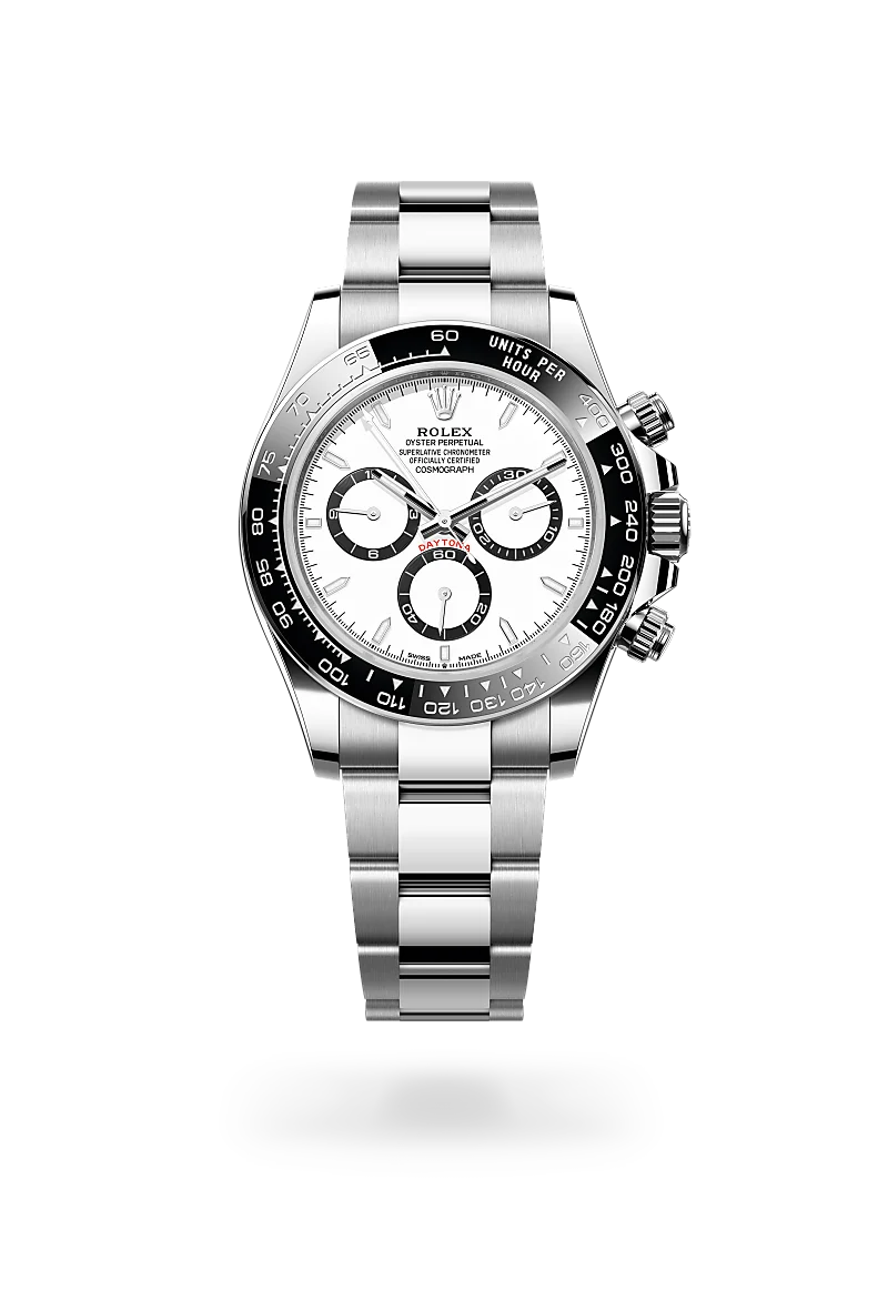 Rolex Cosmograph Daytona in Oystersteel with White, black counter rings dial, Black monobloc Cerachrom bezel in ceramic with moulded tachymetric scale bezel, and Oyster, three-piece solid links bracelet