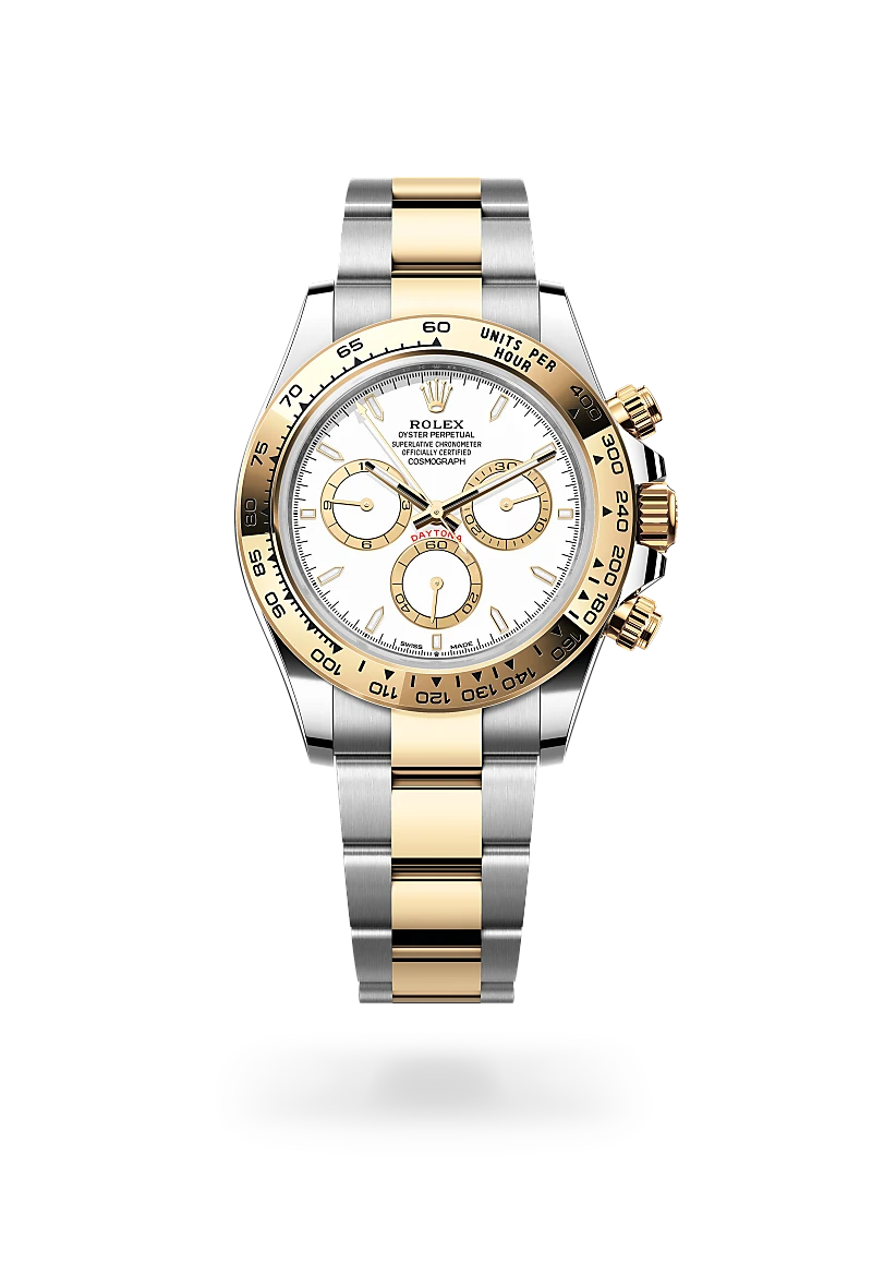 Rolex Cosmograph Daytona in Yellow Rolesor - combination of Oystersteel and yellow gold with White, golden counter rings dial, Fixed, with engraved tachymetric scale, in yellow gold bezel, and Oyster, three-piece solid links bracelet