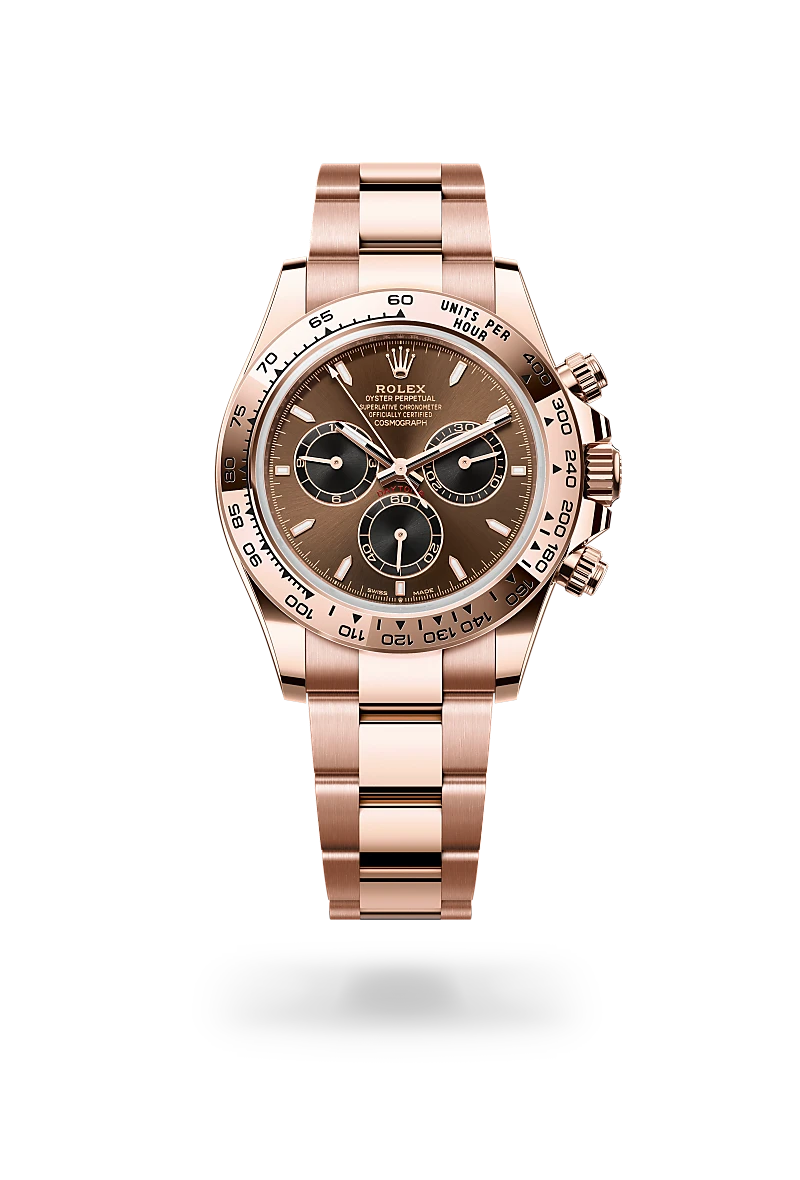 Rolex Cosmograph Daytona in 18 ct Everose gold with Bright chocolate and black dial, Fixed, with engraved tachymetric scale, in 18 ct Everose gold bezel, and Oyster, three-piece solid links bracelet