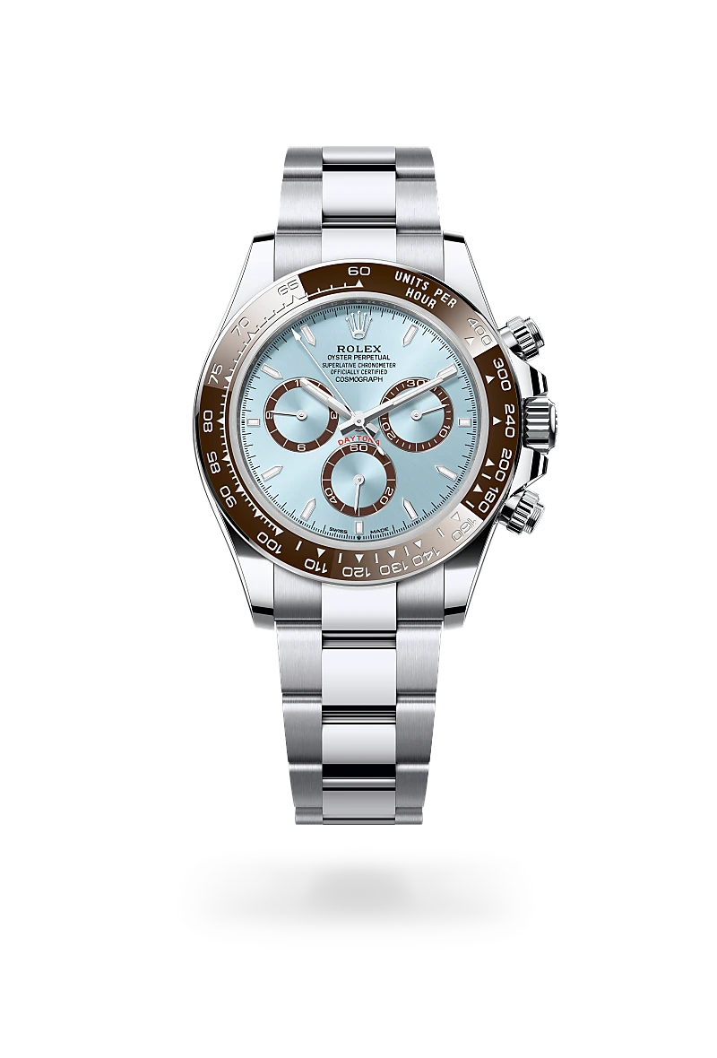 Rolex Cosmograph Daytona in Platinum with Ice blue, chestnut brown counter rings dial, Chestnut brown monobloc Cerachrom bezel in ceramic with moulded numerals and graduations bezel, and Oyster, three-piece solid links bracelet