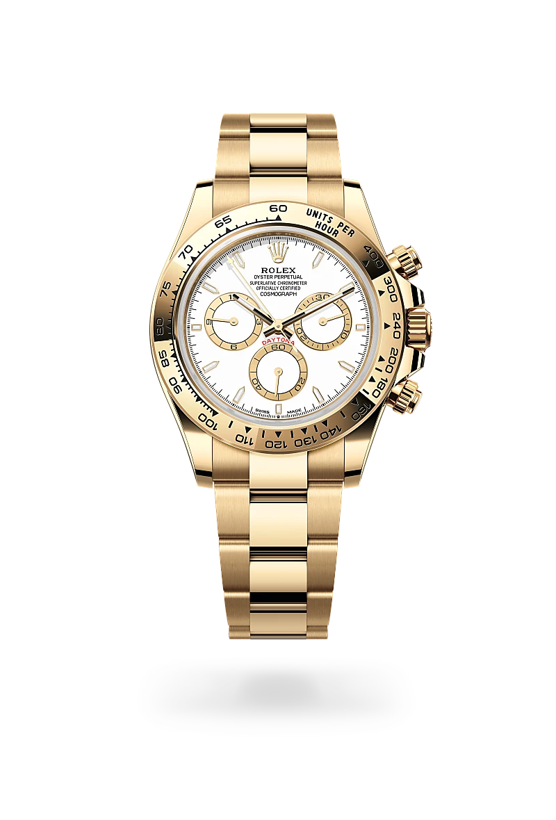 Rolex Cosmograph Daytona in 18 ct yellow gold with White, golden counter rings dial, Fixed, with engraved tachymetric scale, in 18 ct yellow gold bezel, and Oyster, three-piece solid links bracelet