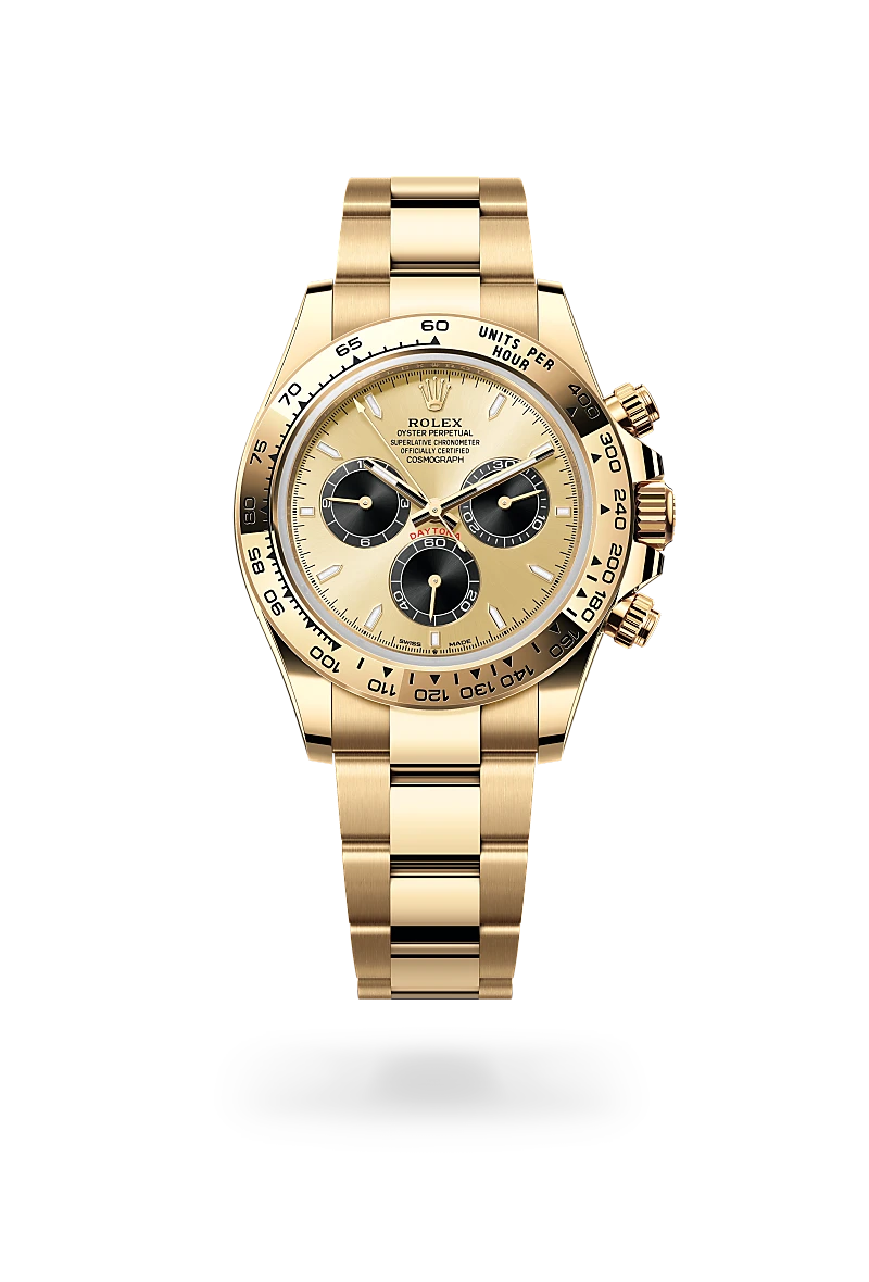 Rolex Cosmograph Daytona in 18 ct yellow gold with Golden and bright black dial, Fixed, with engraved tachymetric scale, in 18 ct yellow gold bezel, and Oyster, three-piece solid links bracelet