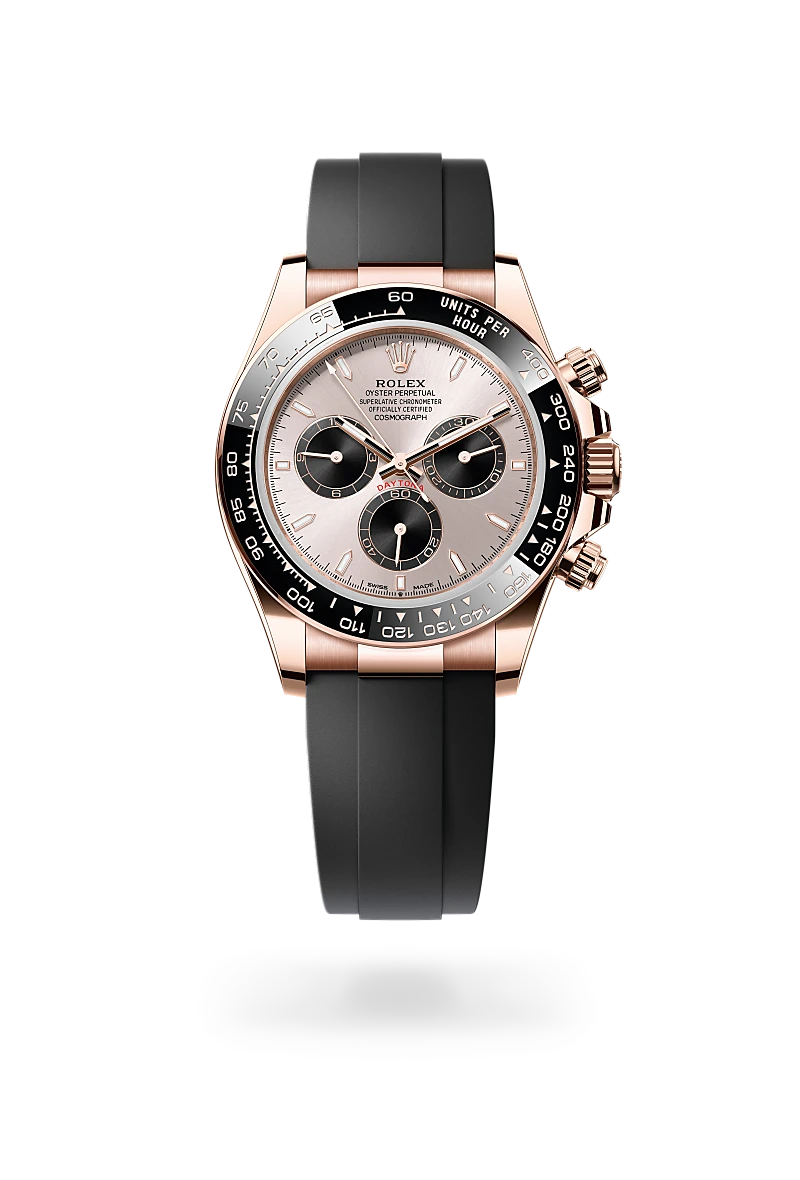 Rolex Cosmograph Daytona in 18 ct Everose gold with Sundust and bright black dial, Black monobloc Cerachrom bezel in ceramic with moulded tachymetric scale bezel, and Oysterflex bracelet