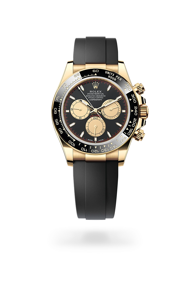 Rolex Cosmograph Daytona in 18 ct yellow gold with Intense black and champagne-colour dial, Black monobloc Cerachrom bezel in ceramic with moulded tachymetric scale bezel, and Oysterflex bracelet