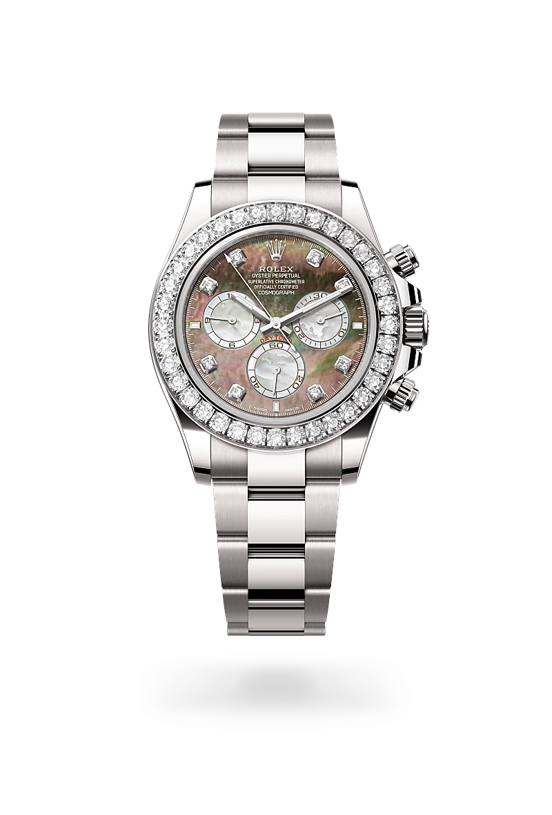 Rolex Cosmograph Daytona in 18 ct white gold with Black and white mother-of-pearl set with diamonds dial, Set with diamonds bezel, and Oyster, three-piece solid links bracelet