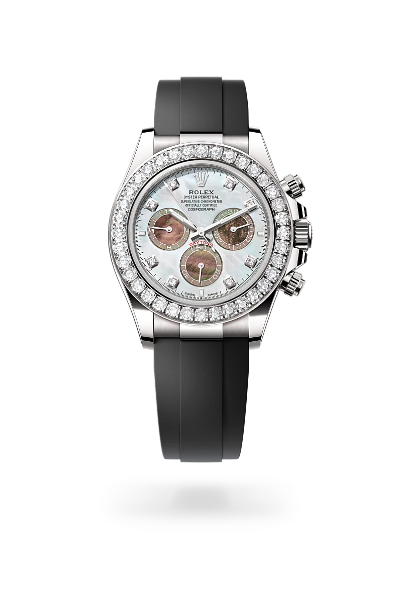 Rolex Cosmograph Daytona in 18 ct white gold with White and black mother-of-pearl set with diamonds dial, Set with diamonds bezel, and Oysterflex bracelet