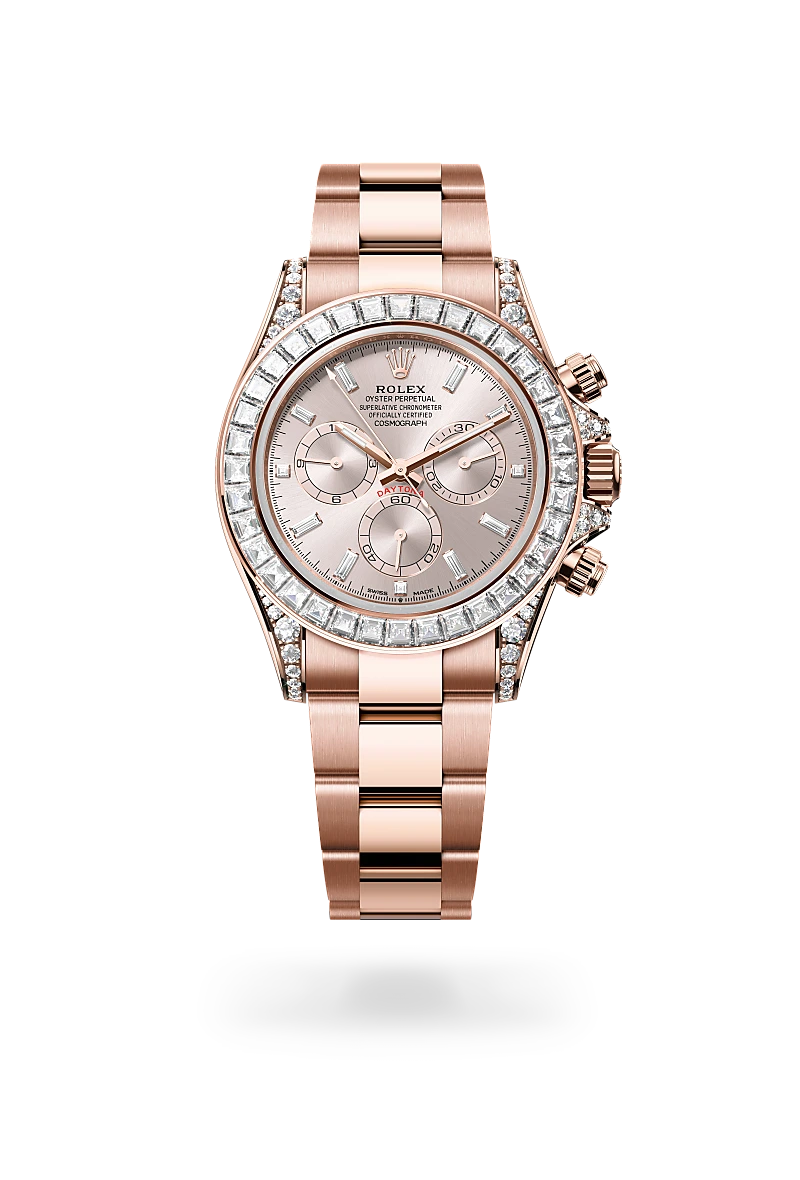 Rolex Cosmograph Daytona in 18 ct Everose gold with lugs set with diamonds with Sundust set with diamonds dial, Set with diamonds bezel, and Oyster, three-piece solid links bracelet