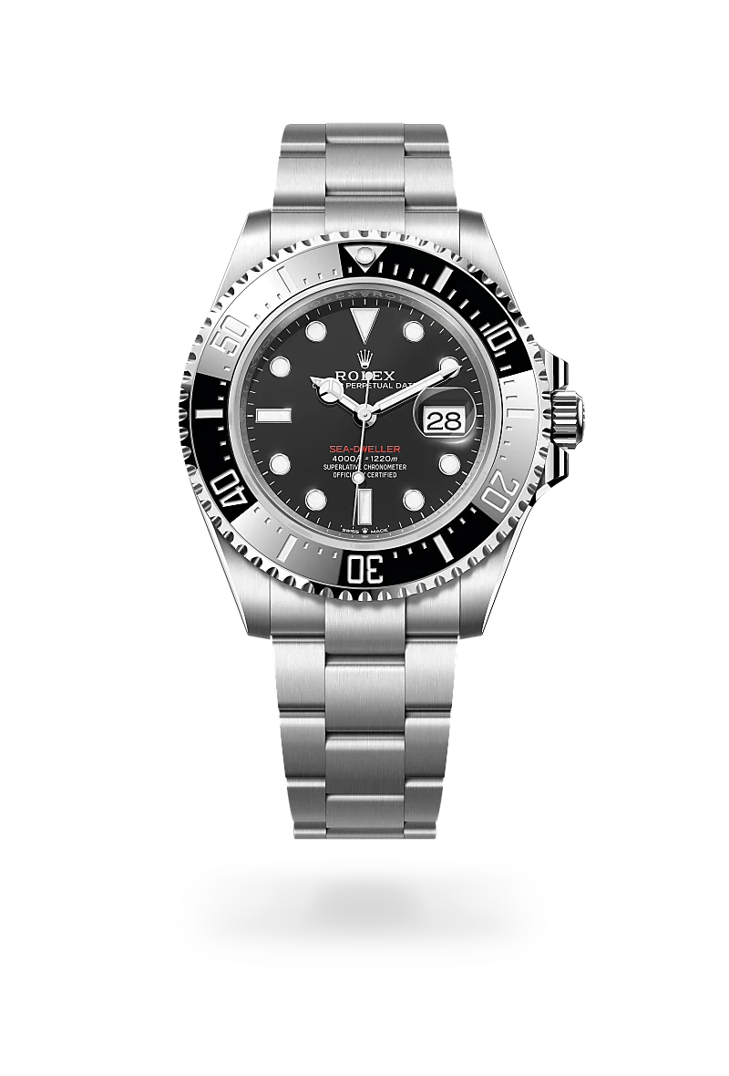 Rolex Sea-Dweller in Oystersteel with Intense black dial, Unidirectional rotatable 60-minute graduated, scratch-resistant Cerachrom insert in black ceramic, numerals and graduations coated in platinum bezel, and Oyster, three-piece solid links bracelet