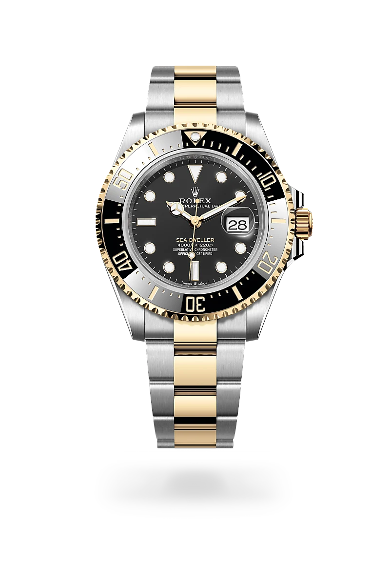 Rolex Sea-Dweller in Yellow Rolesor - combination of Oystersteel and yellow gold with Intense black dial, Unidirectional rotatable 60-minute graduated, scratch-resistant Cerachrom insert in black ceramic, numerals and graduations coated in gold bezel, and Oyster, three-piece solid links bracelet