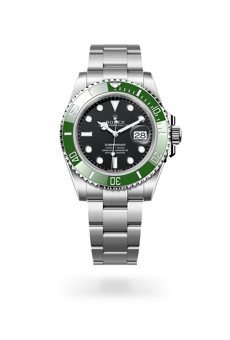 Rolex Submariner Date in 蠔式鋼 with 黑色 dial, 單向旋轉60分鐘刻度外圈，配防刮損綠色Cerachrom陶質字圈，鍍鉑金數字及刻度 bezel, and 蠔式（Oyster），三格實心鏈節 bracelet