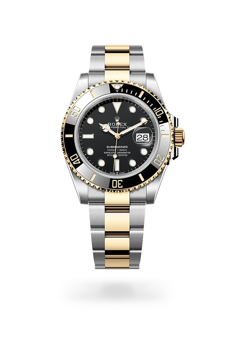Rolex Submariner Date in 黃金鋼（蠔式鋼與黃金的組合） with 黑色 dial, 單向旋轉60分鐘刻度外圈，配防刮損黑色Cerachrom陶質字圈，鍍金數字及刻度 bezel, and 蠔式（Oyster），三格實心鏈節 bracelet