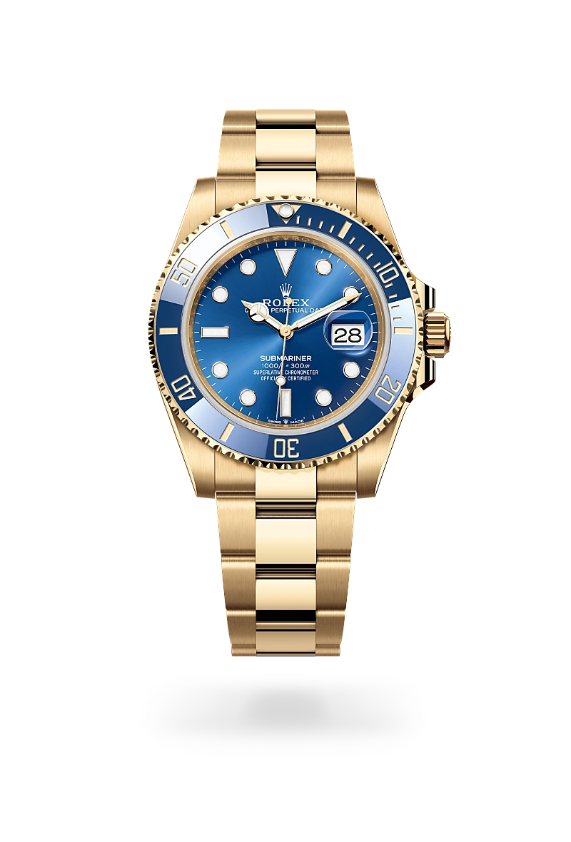 Rolex Submariner Date in 18K黃金 with 皇家藍色 dial, 單向旋轉60分鐘刻度外圈，配防刮損藍色Cerachrom陶質字圈，鍍金數字及刻度 bezel, and 蠔式（Oyster），三格實心鏈節 bracelet