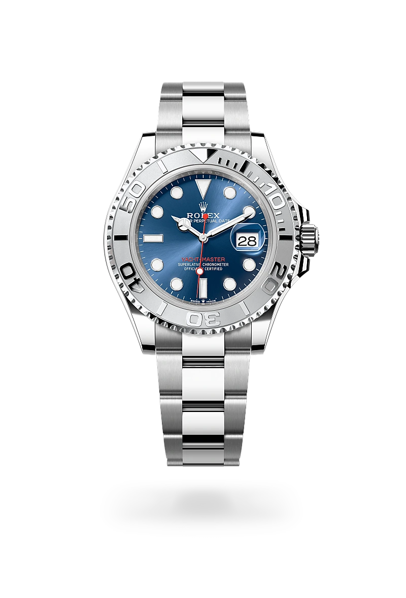 Rolex Yacht-Master 40 in 鉑金鋼（蠔式鋼與鉑金的組合） with 亮藍色 dial, 鉑金雙向旋轉60分鐘刻度配立體數字 bezel, and 蠔式（Oyster），三格實心鏈節 bracelet