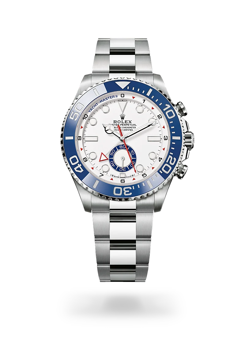 Rolex Yacht-Master II in Oystersteel with White dial, Bidirectional rotatable 60-minute graduated bezel with blue Cerachrom insert in ceramic. Moulded, recessed graduations and numerals coated with platinum bezel, and Oyster, three-piece solid links bracelet