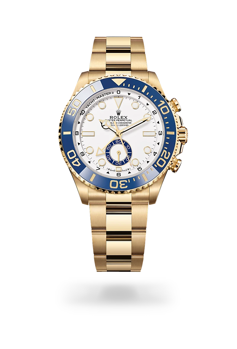 Rolex Yacht-Master II in 18 ct yellow gold with White dial, Bidirectional rotatable 60-minute graduated bezel with blue Cerachrom insert in ceramic. Moulded, recessed graduations and numerals coated with gold bezel, and Oyster, three-piece solid links bracelet