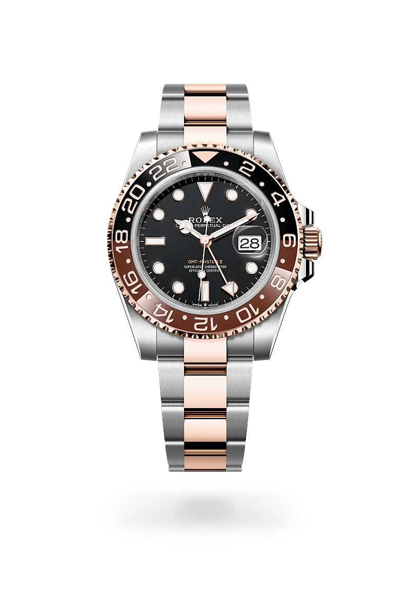 Rolex GMT-Master II in 永恒玫瑰金鋼（蠔式鋼與永恒玫瑰金的組合） with 黑色 dial, 雙向旋轉24小時刻度外圈；棕黑雙色Cerachrom陶質字圈，設鑄模數字及刻度 bezel, and 蠔式（Oyster），三格實心鏈節 bracelet
