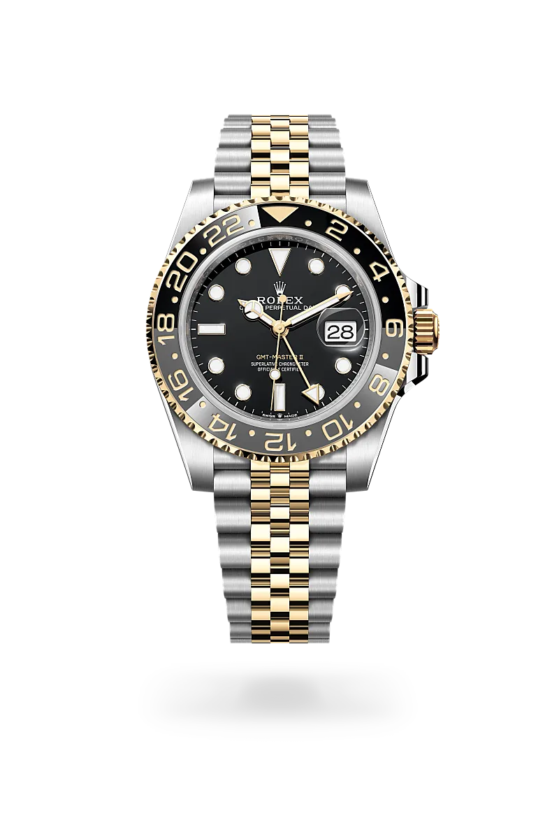 Rolex GMT-Master II in 黃金鋼（蠔式鋼與黃金的組合） with 黑色 dial, 雙向旋轉24小時刻度外圈；灰黑雙色Cerachrom陶質字圈，設鑄模數字及刻度 bezel, and 紀念型（Jubilee），五格鏈節 bracelet