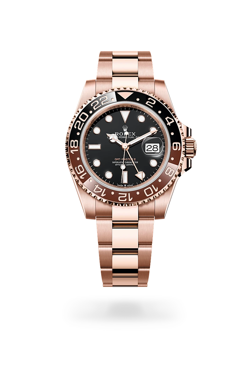 Rolex GMT-Master II in 18K永恒玫瑰金 with 黑色 dial, 雙向旋轉24小時刻度外圈；棕黑雙色Cerachrom陶質字圈，設鑄模數字及刻度 bezel, and 蠔式（Oyster），三格實心鏈節 bracelet