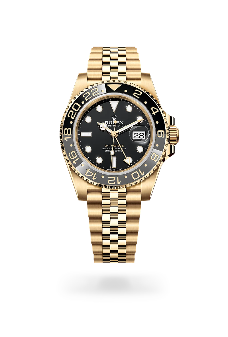 Rolex GMT-Master II in 18K黃金 with 黑色 dial, 雙向旋轉24小時刻度外圈；灰黑雙色Cerachrom陶質字圈，設鑄模數字及刻度 bezel, and 紀念型（Jubilee），五格鏈節 bracelet