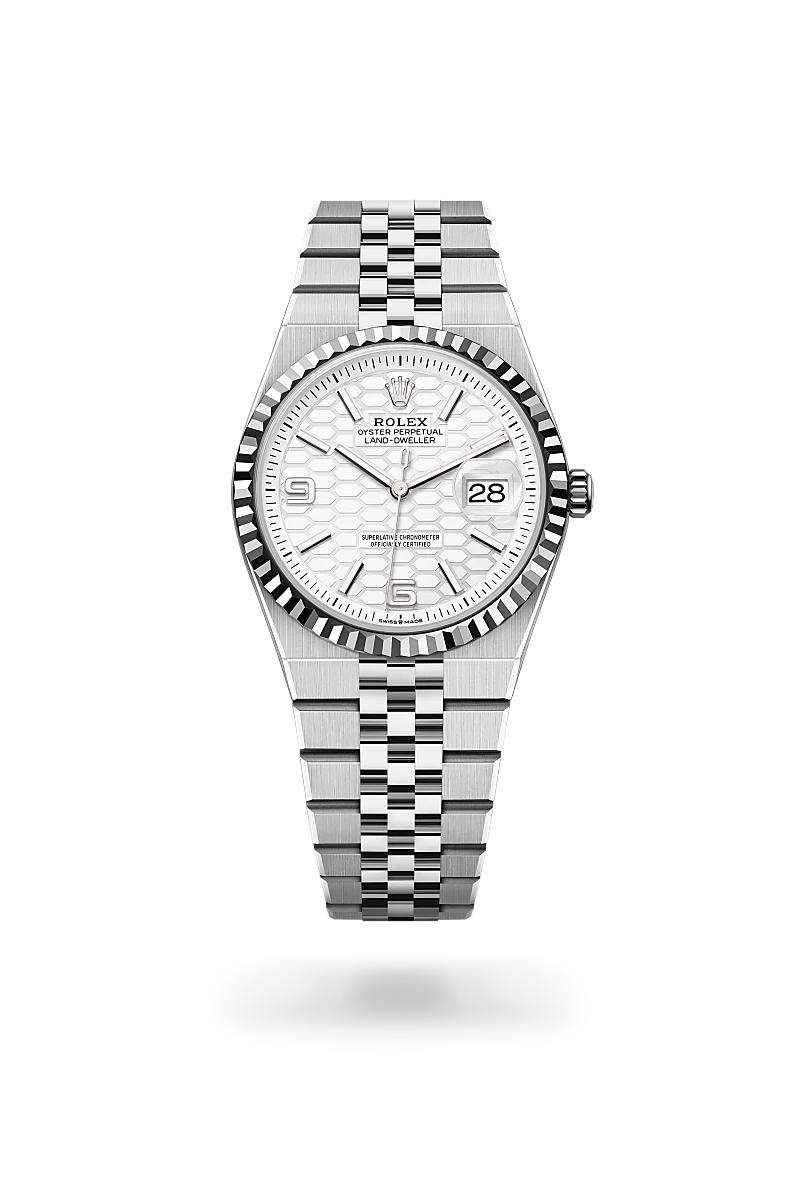 Rolex Land-Dweller 36 in White Rolesor - combination of Oystersteel and white gold with Intense white, honeycomb motif dial, Fluted bezel, and Flat Jubilee, five-piece solid links bracelet