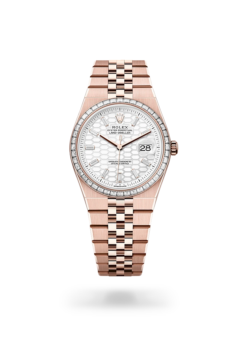 Rolex Land-Dweller 36 in 18 ct Everose gold with Intense white, honeycomb motif set with diamonds dial, Set with diamonds bezel, and Flat Jubilee, five-piece solid links bracelet