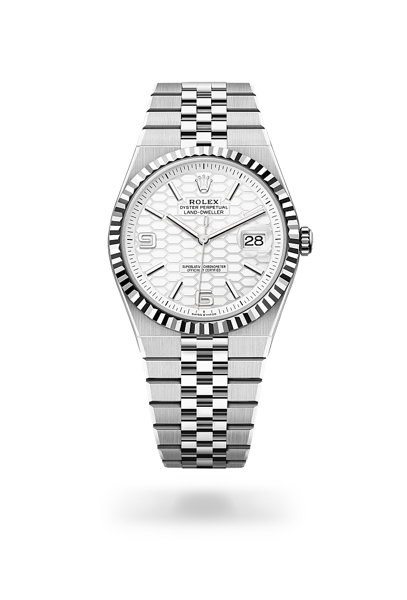 Rolex Land-Dweller 40 in White Rolesor - combination of Oystersteel and white gold with Intense white, honeycomb motif dial, Fluted bezel, and Flat Jubilee, five-piece solid links bracelet