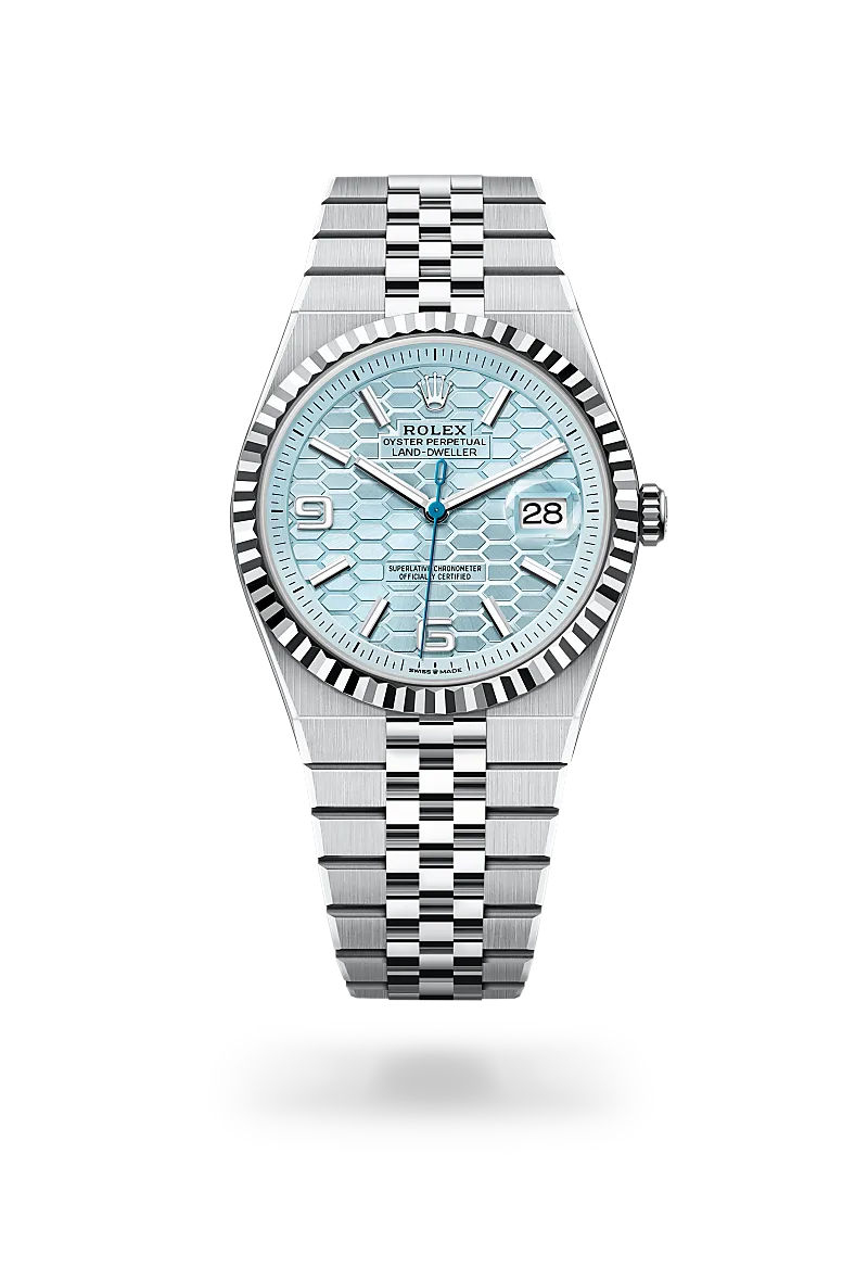 Rolex Land-Dweller 40 in Platinum with Ice blue, honeycomb motif dial, Fluted bezel, and Flat Jubilee, five-piece solid links bracelet