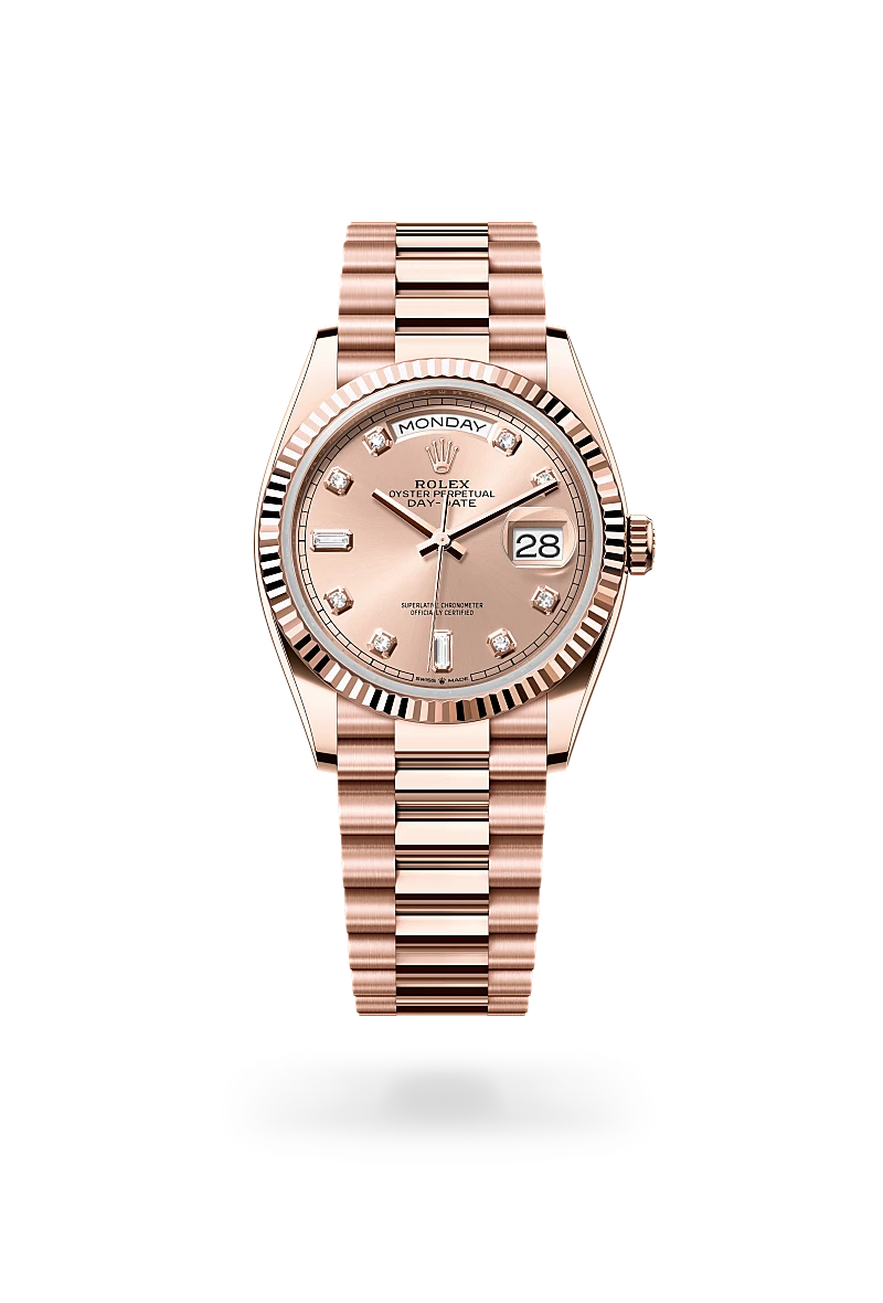 Rolex Day-Date 36 in 18K永恒玫瑰金 with 玫瑰金色，鑲鑽石 dial, 三角坑紋 bezel, and 元首型（President），三格拱形鏈節 bracelet
